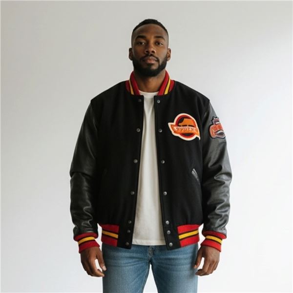 Vintage Vancouver Canuks Varsity Style Jacket with Leather Sleeves - Manufactured by DeLong