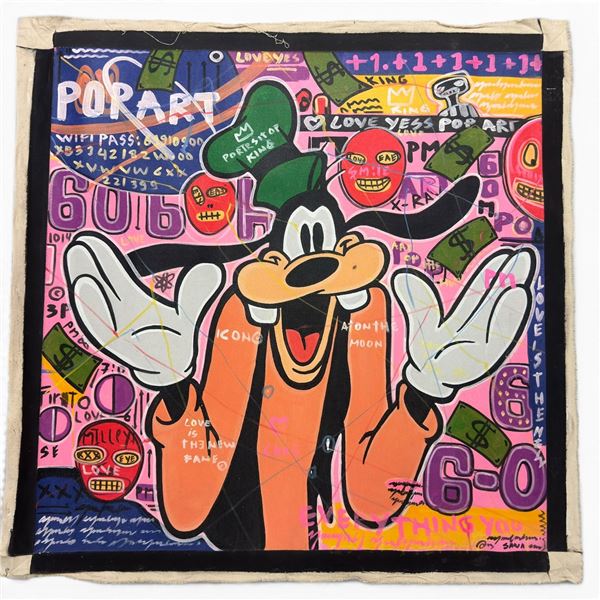 Pop Art Painting of Goofy in the Style of Carlos Pun -  44" x 44" - Signature appears to be SANA - U