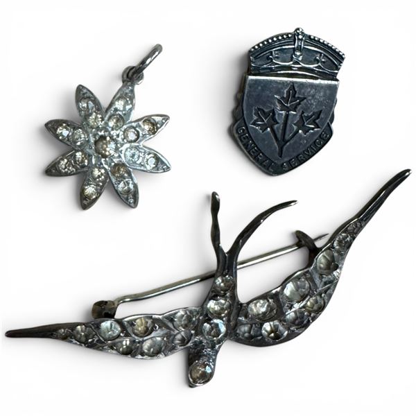 3 Vintage Sterling Silver Items - WWII Canadian General Service Lapel Pin, Floral Pendant & Bird Bro