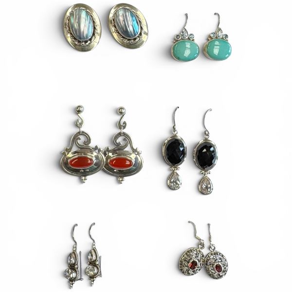 6 Pairs of Sterling Silver Earrings (Blue Topaz Crystal & Turquoise, Carnelian, Garnet, Mother of Pe