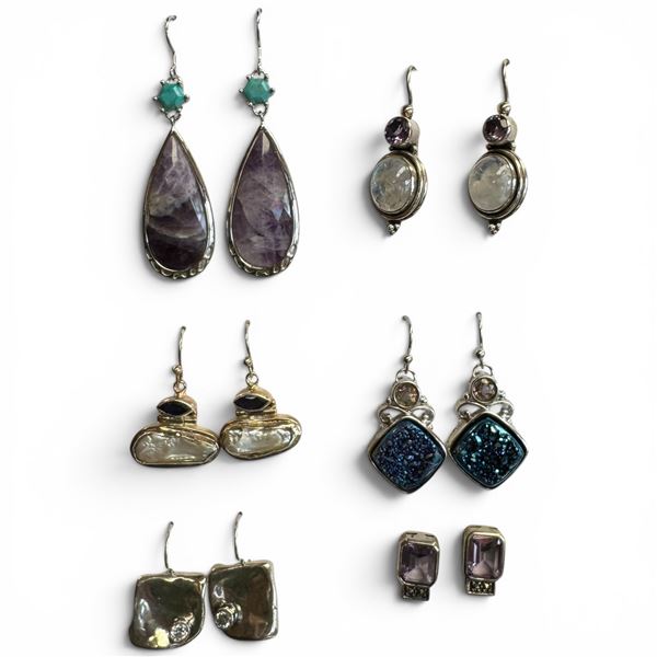 6 Pairs of Sterling Silver Earrings (Amethyst Crystal, Blue Titanium Druzy, Mother of Pearl & more)