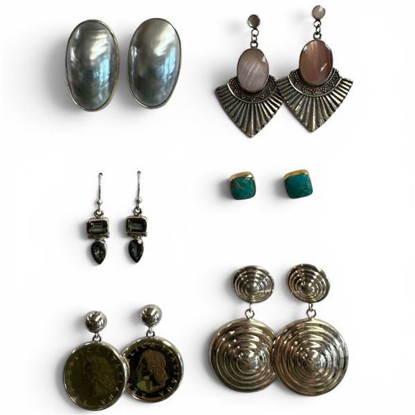 6 Pairs of Sterling Silver Earrings (Blue & Pink Mother of Pearl, Mystic Topaz, & more - Some gold p