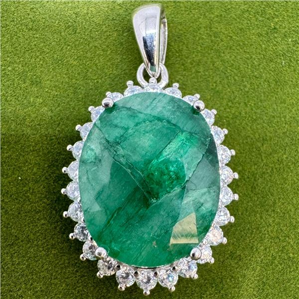 Emerald and Cubic Zirconia Pendant Set in Sterling Silver (13 CT Zambian Emerald, Oval Cut, Claw Set