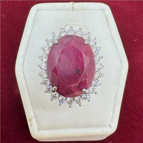 Ruby and Cubic Zirconia Ring Set in Sterling Silver (11 CT Ruby, Oval Cut, Claw Set - 16.83mm x 12.2