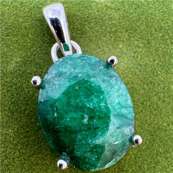 5.8 CT Polished Emerald Pendant Set in Sterling Silver (Oval Cut, Claw Set - 13.48mm x 10.65mm) * In
