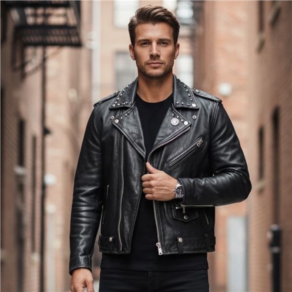 Vintage Black Leather Punk Rock Bomber Jacket - Size LL - Steel Skull Details