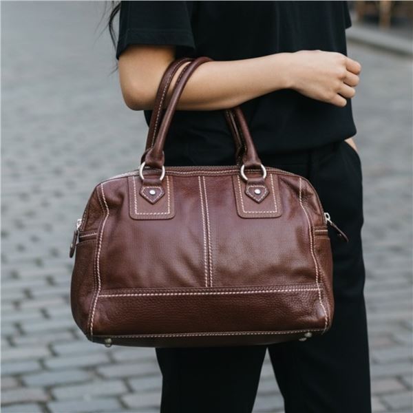 Roots Genuine Chocolate Brown Pebbled Leather Satchel with Original Dust Bag - New Condition - 4" x
