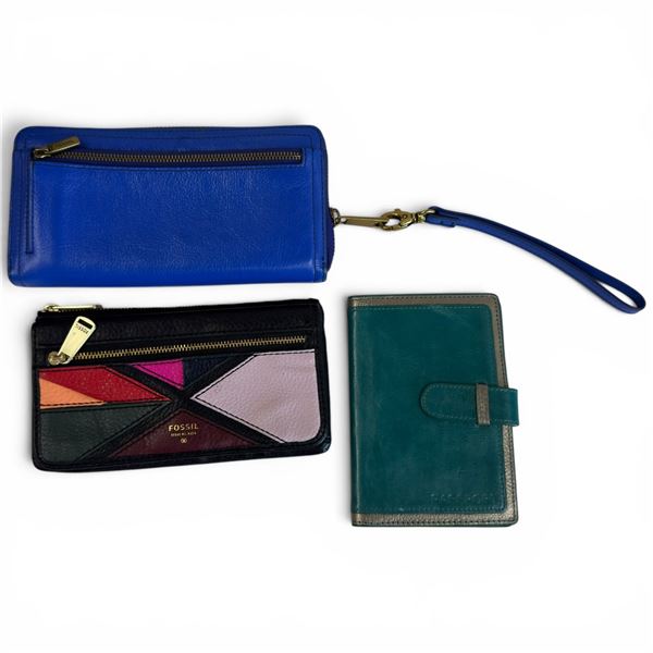 2 Fossil Wallets & 1 Danier Leather Passport Wallet - Bright Blue Accordion Wallet  & Zip-Top 50s-St