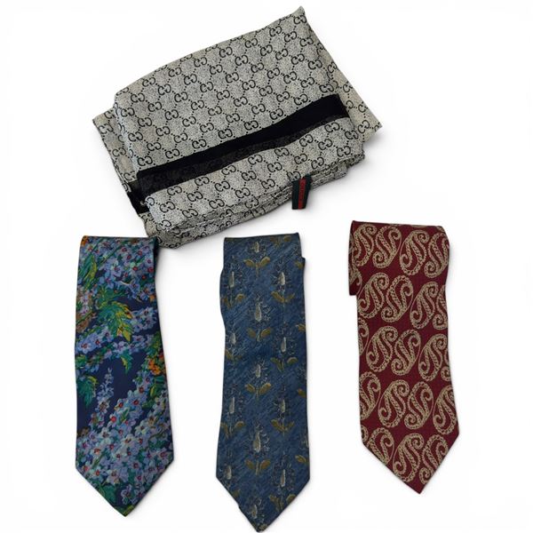Gucci Logo Scarf with Label & 3 Men's High-Quality Ties (YSL, Armani, & Zenga) Lightweight Gucci sca