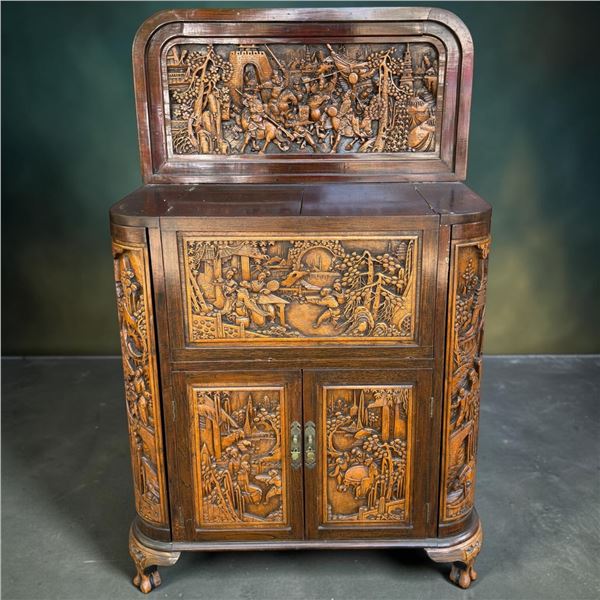 Mid-Century Asian Rosewood Bar Cabinet - Hand-Carved High-Relief Scenes (36" x18" x42.5" Tall)