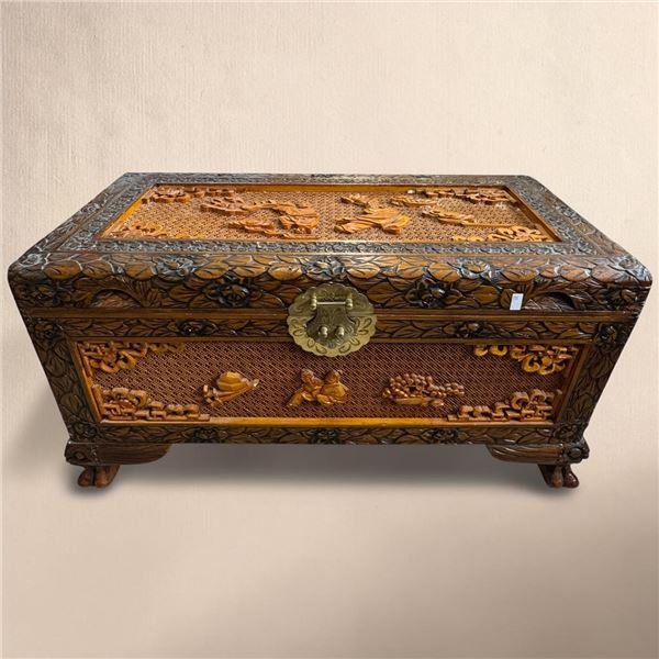 Chinese Camphor Wood Chest * features intricate hand-carved village scenes and a traditional brass l