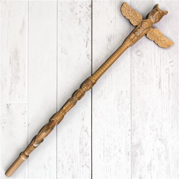 Carved Cedar Thunderbird Rattling Talking Stick/Staff with Copper Inlay - Signed W. B. for William B