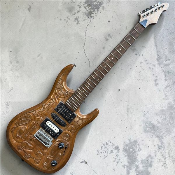 Hand-Carved Electric Guitar with Intricate Pacific Northwest Form line-Style Design