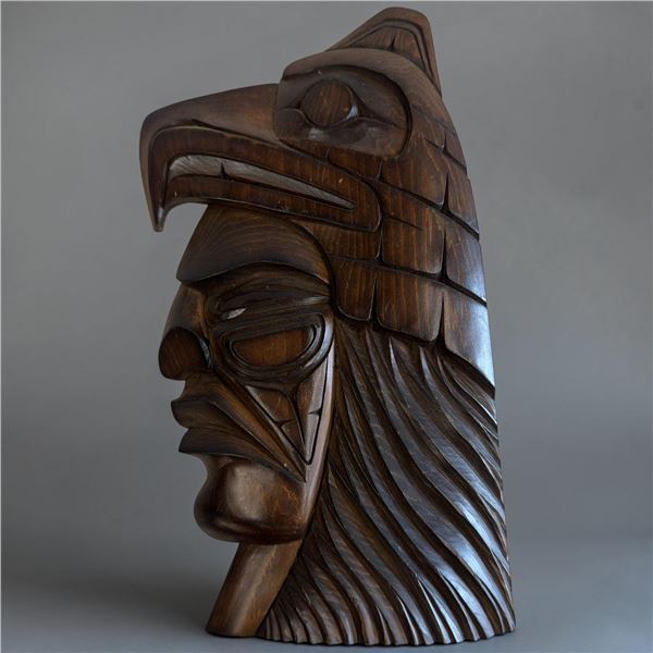 1992 Richard Campbell Hand-carved Cedar Wall Plaque- Warrior with Thunderbird Headdress, Musqueam Na