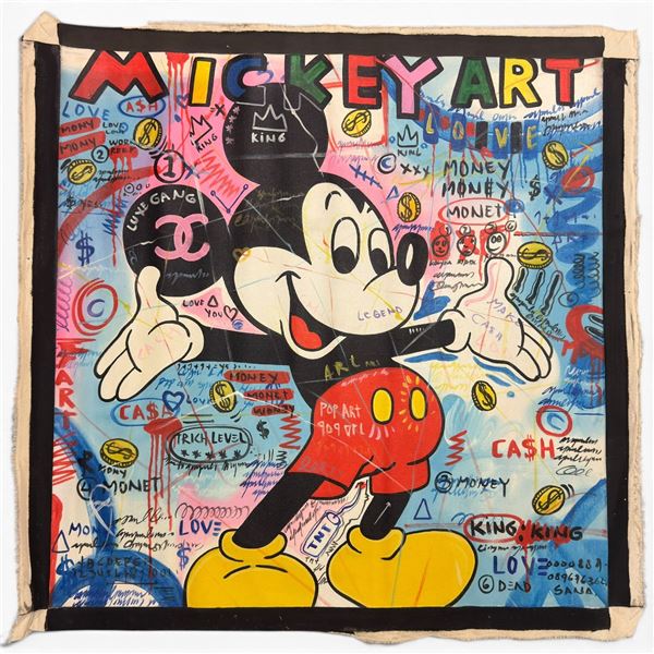 Pop Art 44" x 44" "Mickey Mouse" Painting in the Style of Jibar - Signature appears to be SANA - Unf