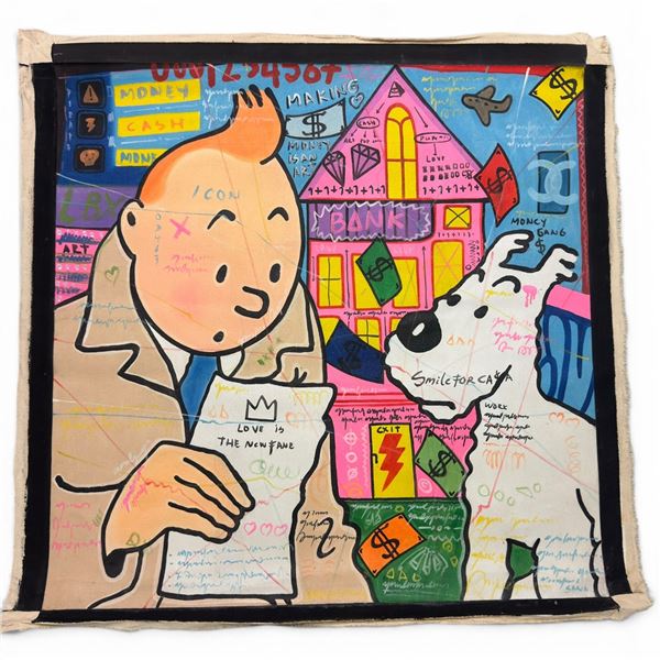 Pop Art Painting of "Tintin and Milouin" the Style of Priscilla Vettese -44" x 44" - Signature appea