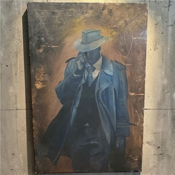 2005 Original Neo Noir Painting of "Man in Trenchcoat" Canvas stretched on frame 24" x 36" - Signatu