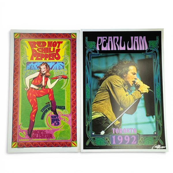 2 Signed Bob Masse Concert Posters "Red Hot Chili Peppers '96" and "Pearl Jam 1992" - Autographed by