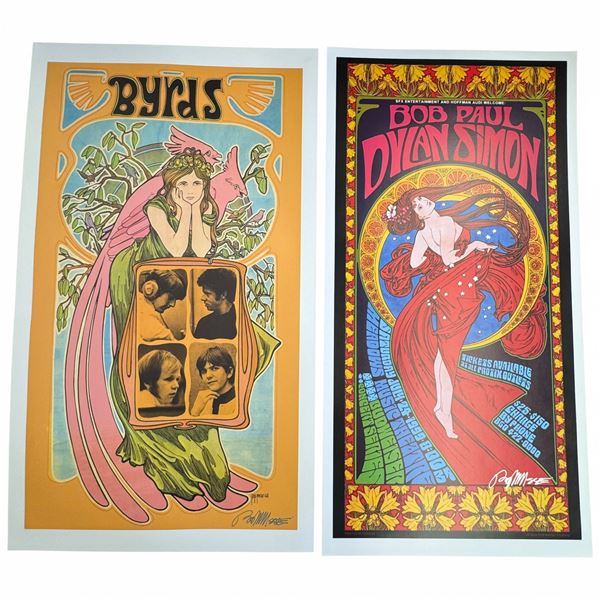 2 Signed Bob Masse Concert Posters "Byrds 1968" and "Bob Dylan/Paul Simon - Undated" - Autographed b
