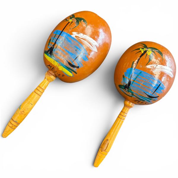 Pair of Hand-Painted Wooden Maracas Decorated with a Tropical Beach Scene