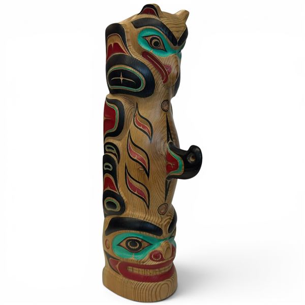 Hand Carved and Painted Pacific Northwest Style Totem Signed W. B. (William Bear) - 16" x 5"