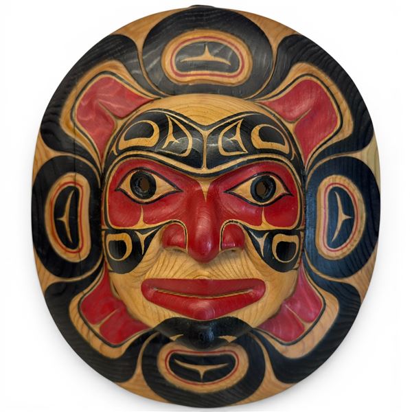 Hand Carved and Painted Pacific Northwest Style Moon Mask Signed W. B. (William Bear) 1994 - 12"