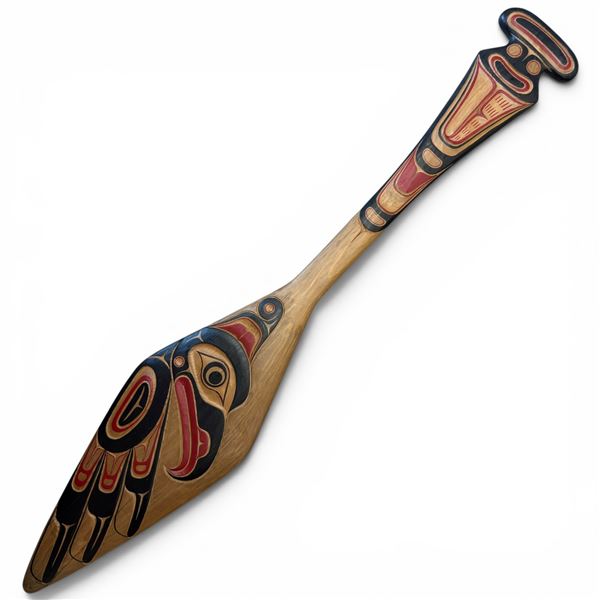 Hand Carved and Painted Pacific Northwest Style Thunderbird Paddle Signed W. B. (William Bear) - 39"