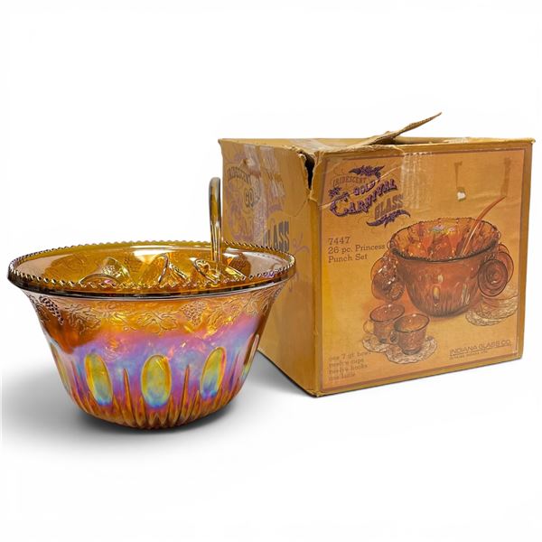 Iridescent Gold Carnival Glass Punch Bowl with Ladle & 12 Cups in Original Box by Indiana Glass