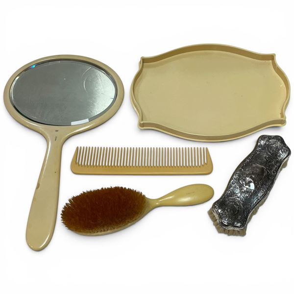Vintage French Ivory Vanity Set with Sterling Back Clothing Brush