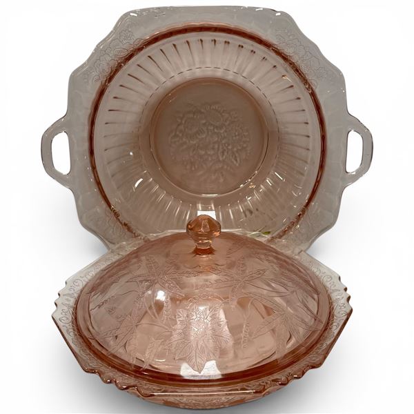 Anchor Hocking Mayfair Open Rose Pink Depression Glass Covered Dish with Matching Bowl