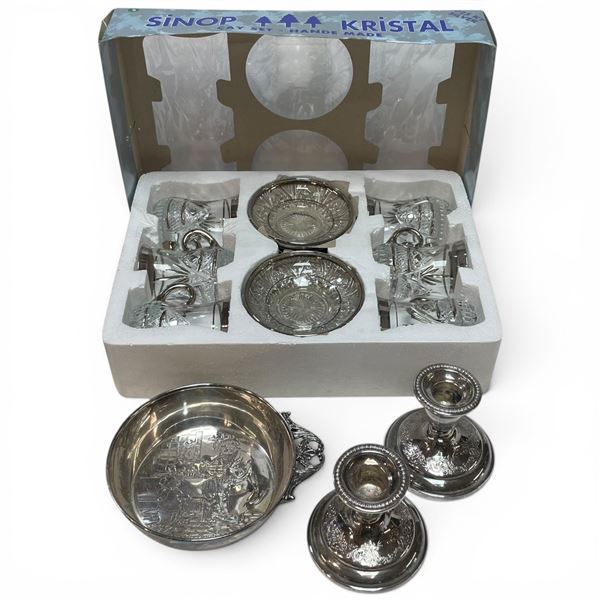 Silverplate Dish, Candle Holders and Sinop Kristal Made in Turkey Tea Glass Set