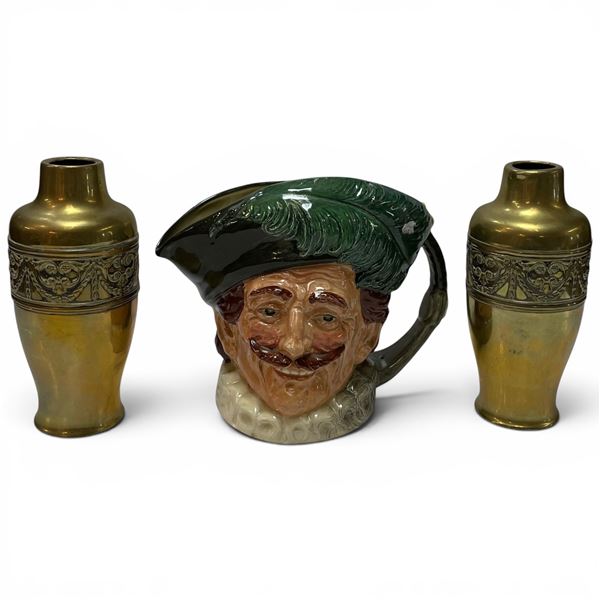 Large Royal Doulton Toby Jug & 2 Matching Brass Vases 6.5" Tall
