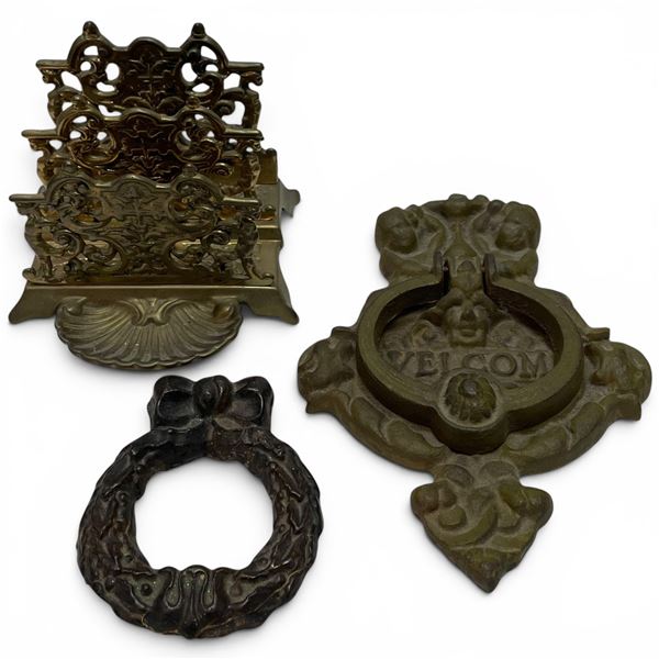 Vintage Heavy Brass Door Knocker, Letter Holder and Wreath