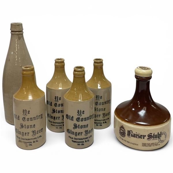 Vintage "Ye Old Country" Stoneware Ginger Beer Bottles & Kasier Stuhl Bottle