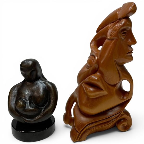 1 Bronze "Mother & Child" (6" tall x 3" diameter base) & 1 Carved Wood Cubist Style Carving (5" x 4"
