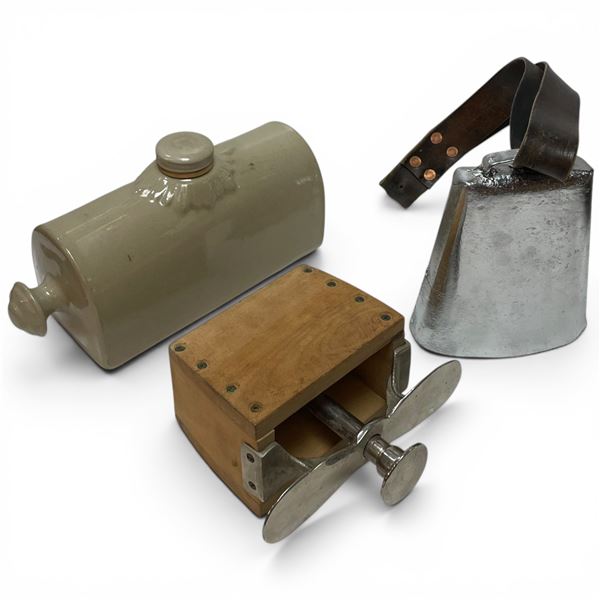 Antique Mechanical Butter Mold, Vintage Cow Bell and Ceramic Foot Warmer