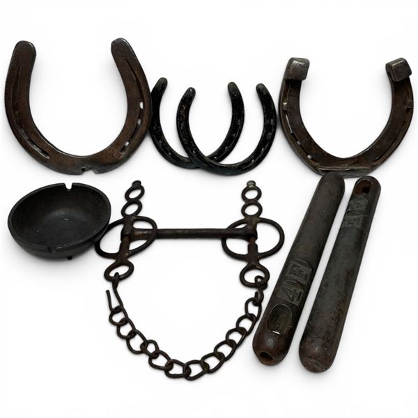 Group of Blacksmithing Items - Horse Shoes, Small Cast Iron Forge Bowl, Horse Bit and Window Weights