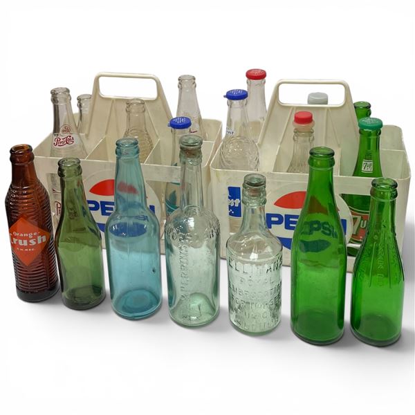 Group of Glass Pop & Soda Bottles in 2 Vintage Plastic Carriers with Pepsi Logo