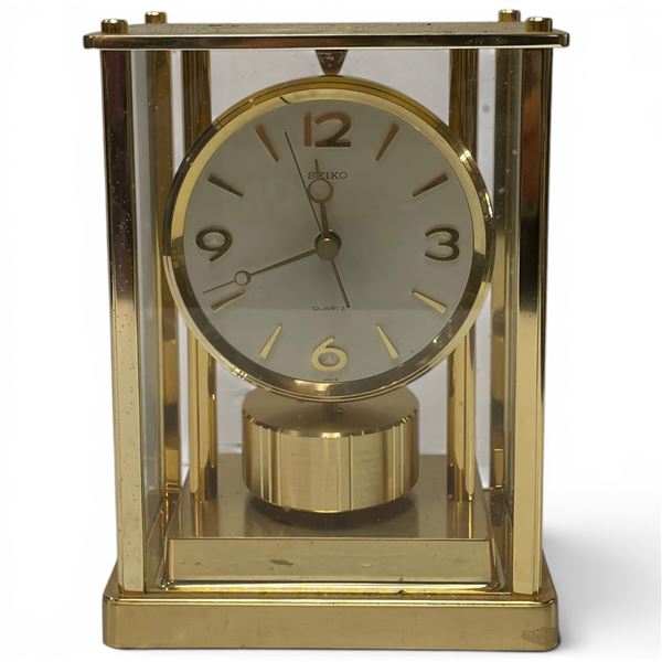 Vintage Seiko Brass Mantle Clock with Rotating Pendulum & Glass Case (4" x 7" x 9" tall)