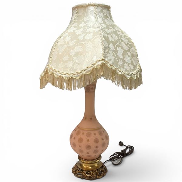 Vintage Hollywood Regency Pink Glass Lamp with Tasselled Shade - 27" Tall at the Top of the Shade