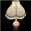Image 2 : Vintage Hollywood Regency Pink Glass Lamp with Tasselled Shade - 27" Tall at the Top of the Shade