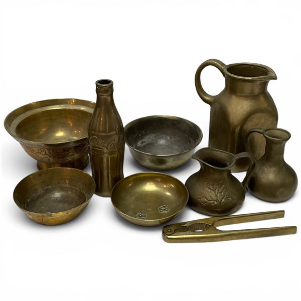 9 Vintage Collectible Brass Items - Jugs, Coca-Cola Model, Nutcracker, & Bowls