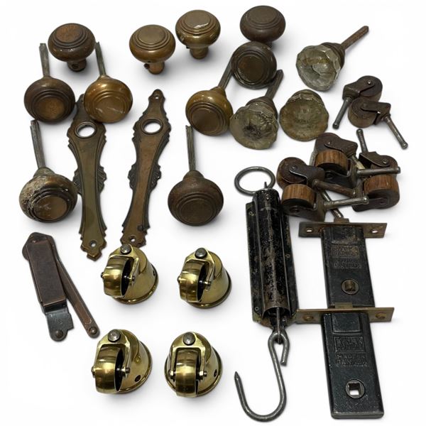 Group of Vintage Door Hardware & Furniture Fittings - Door Knobs, Casters, Face Plates, Scale and mo