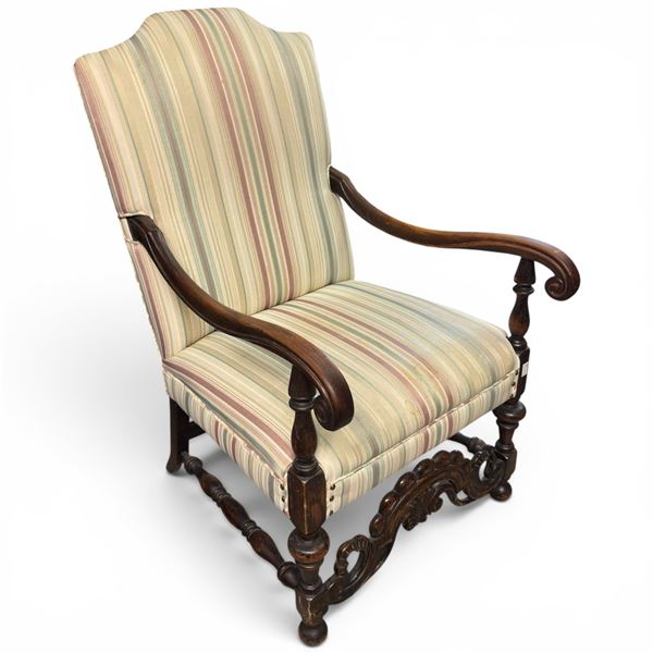 Louis XIII Armchair Features a Hand-Carved Walnut Frame and Baluster-Turned 42" Tall 25" Wide