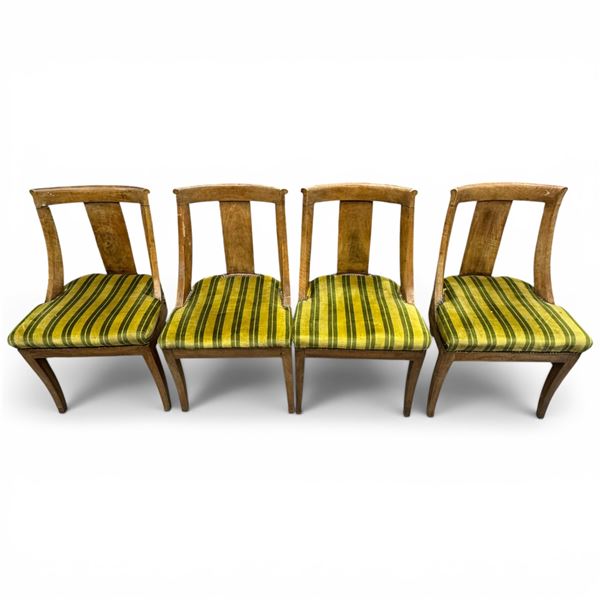 Antique French Art Deco Gondola Maple Dining Chairs W/ Gold & Green Upholstery