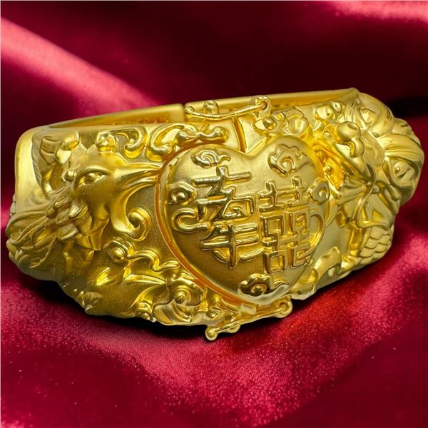 22KT Gold Embossed High Relief Chinese Wedding Bangle - 32mm wide - Hinge has 2 safety catches
