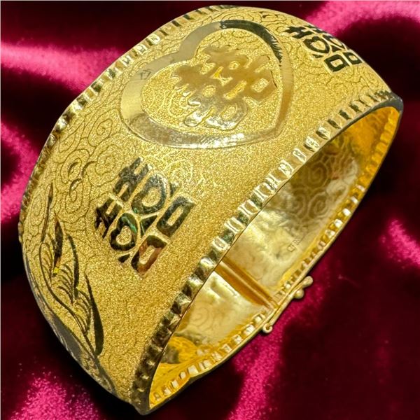 24 KT Gold Dragon & Phoenix Chinese Wedding Bangle Cuff Bracelet by Chow Tai Fook - 32mm wide with 2