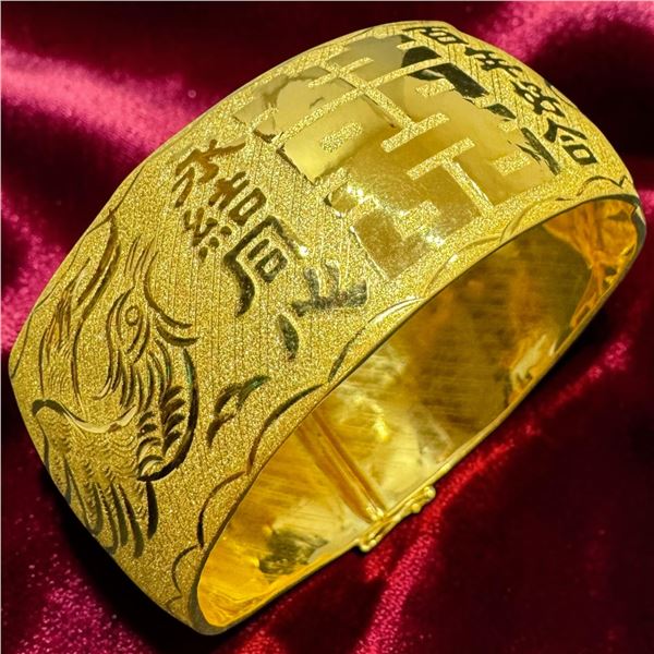24 KT Gold Dragon & Phoenix Chinese Wedding Bangle by Chow Tai Fook - 28mm wide with 22KT hinge- Dou