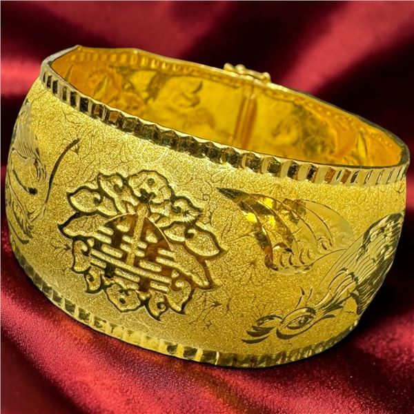 24 KT Gold Chinese Double Happiness Wedding Bangle Cuff Bracelet by Chow Tai Fook - 28mm wide with 2