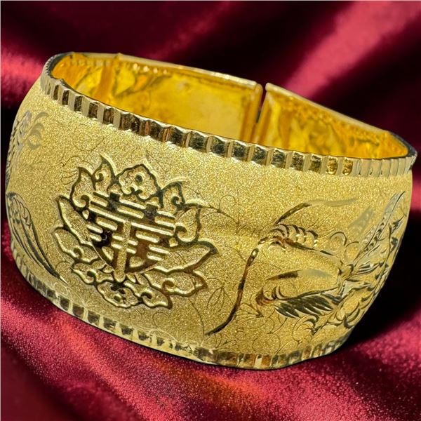 24 KT Gold Chinese Double Happiness Wedding Bangle Cuff Bracelet by Chow Tai Fook - 28mm wide with 2